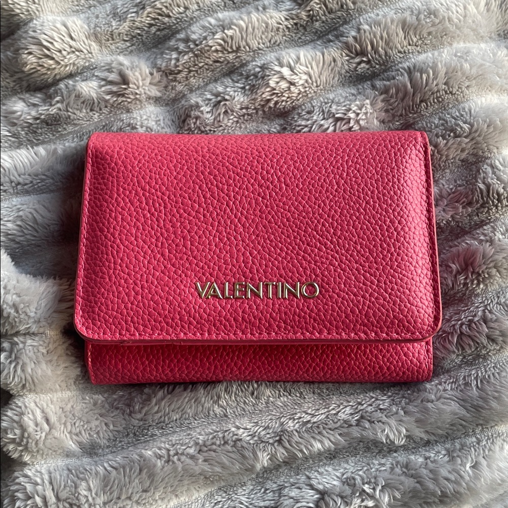 Mario Valentino Pink Pebbled Leather Long Wallet with Gold Logo